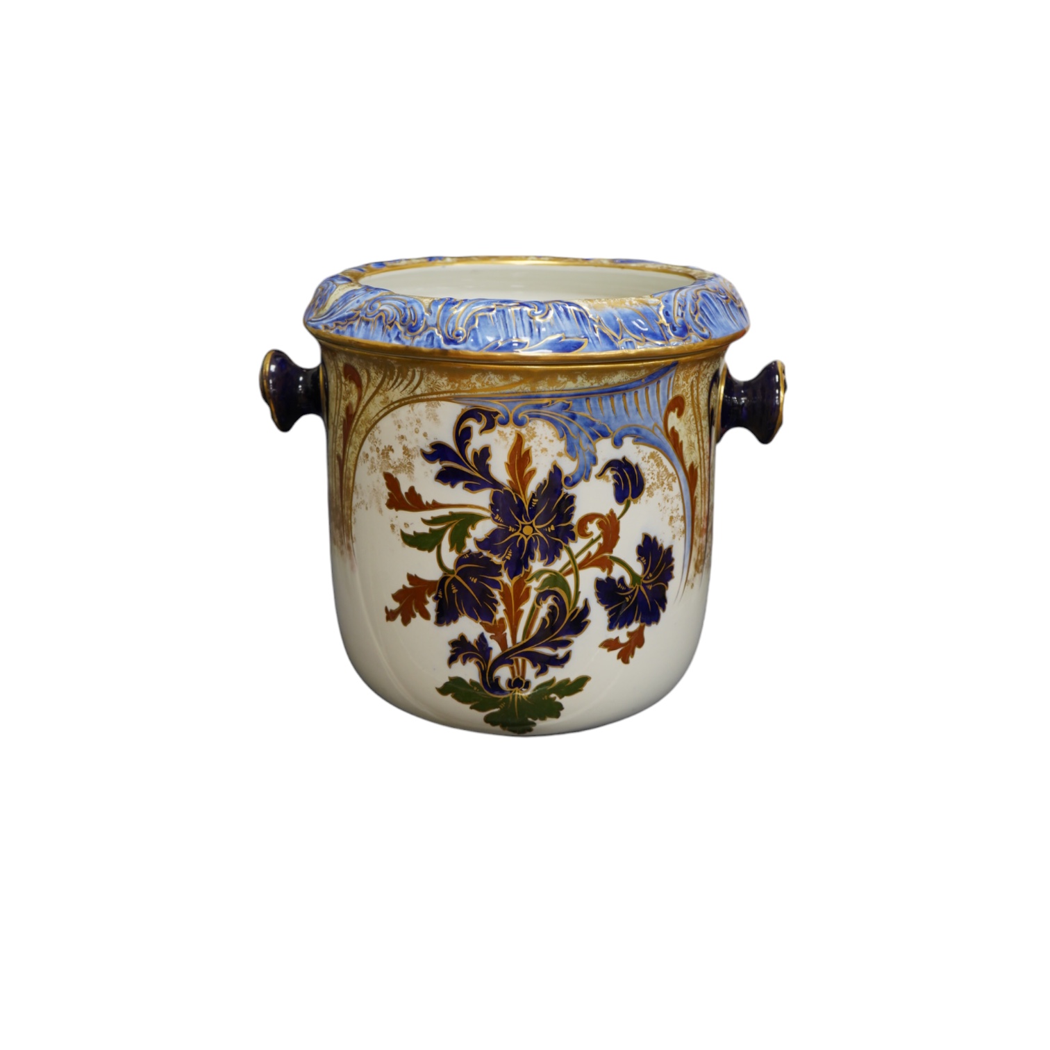 A Victorian Royal Doulton gilt and floral decorated pail, 28cm high. Condition - poor, crack to back